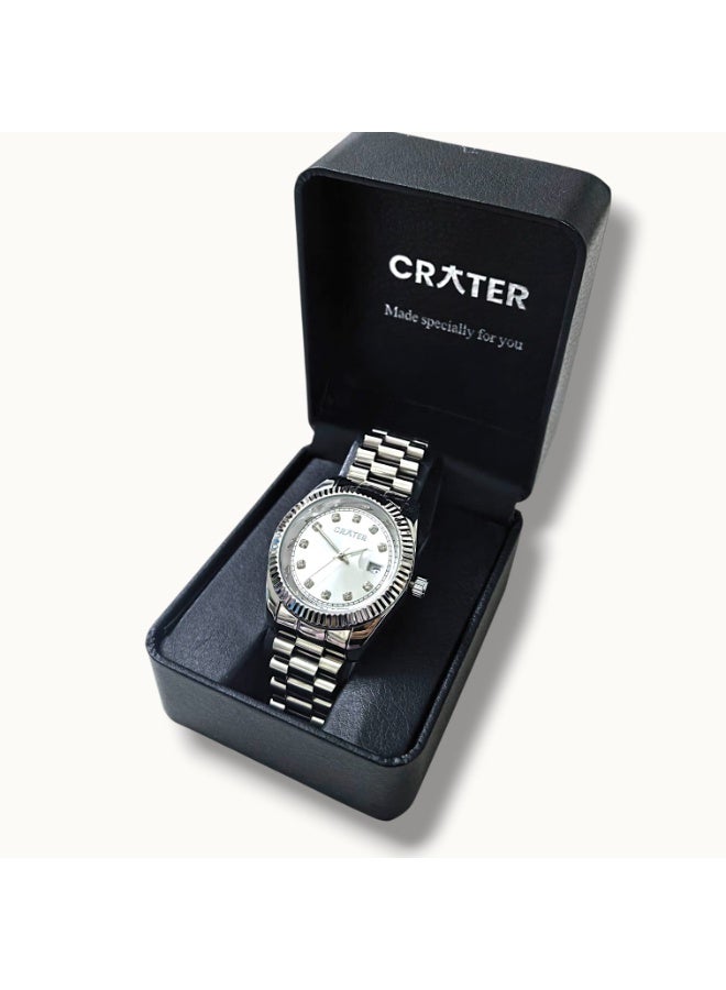 كريتر  ساعة كريتر (CRATER) للرجال – تصميم ملكي فاخر من الستانلس ستيل، مينا كلاسيكي مع عرض التاريخ، مقاومة للماء – تشمل علبة الماركة (فضي /فضي ). - Image 5